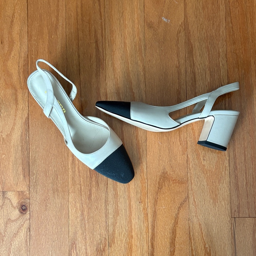 Women's Beige and Black Slingback Heels - Picture 2 of 2